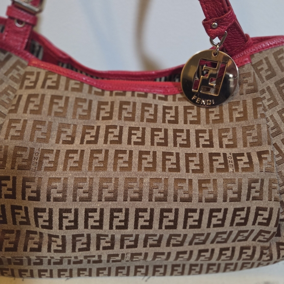 Fendi Zucca Baguette Tote Shoulder Bag Brown/Pink Leather Trim - Picture 6 of 15